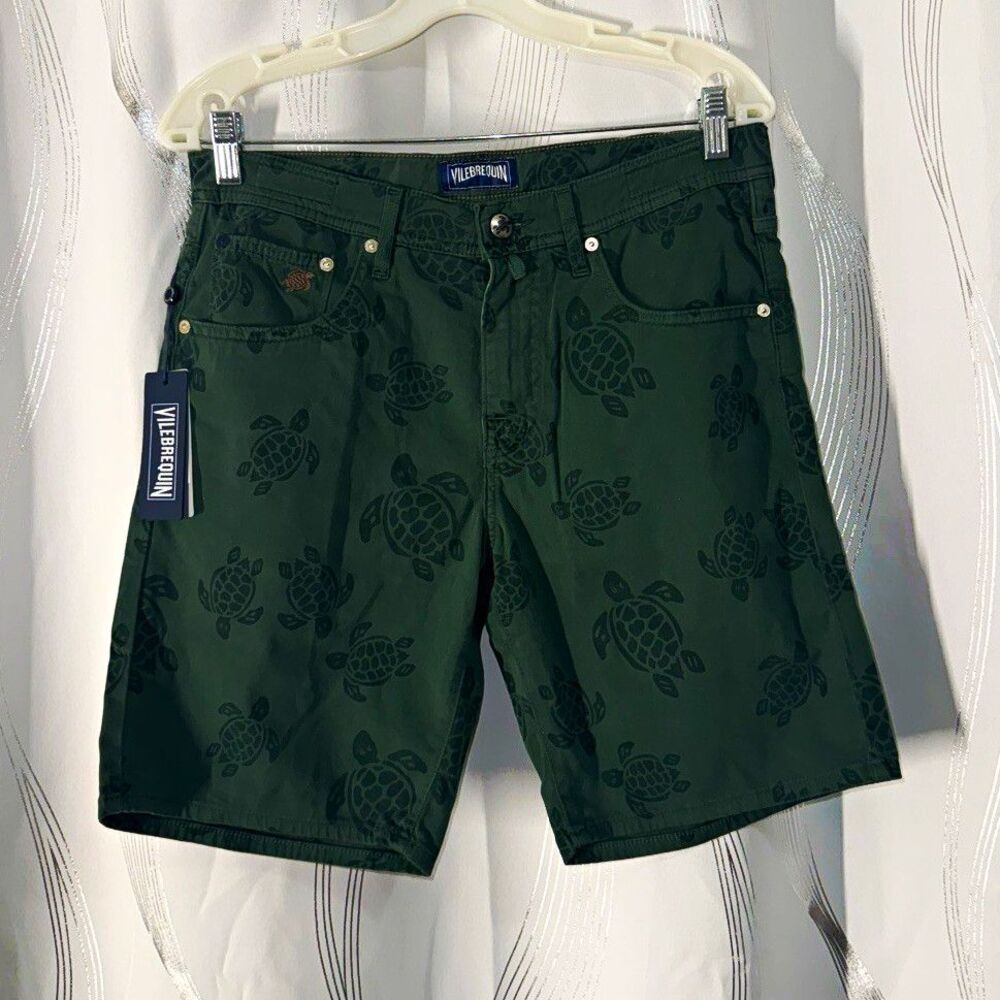 Vilebrequin Men’s Green Turtle Print Chino Shorts Cotton 5-Pocket Flat Front